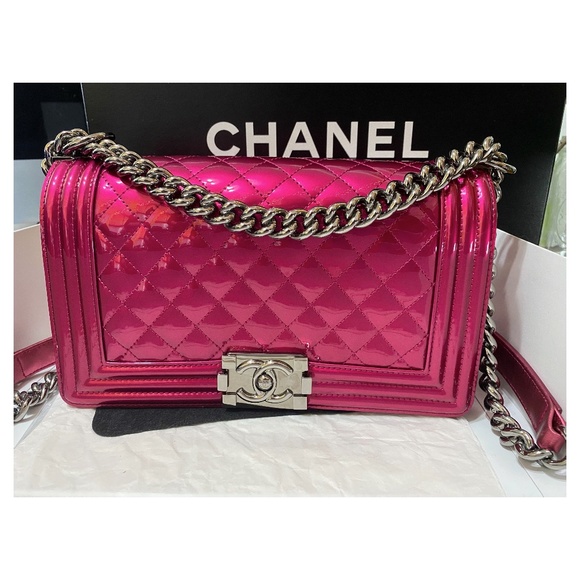 STUNNING RARE CHANEL METALLIC HOT PINK BOY BAG - Picture 1 of 13